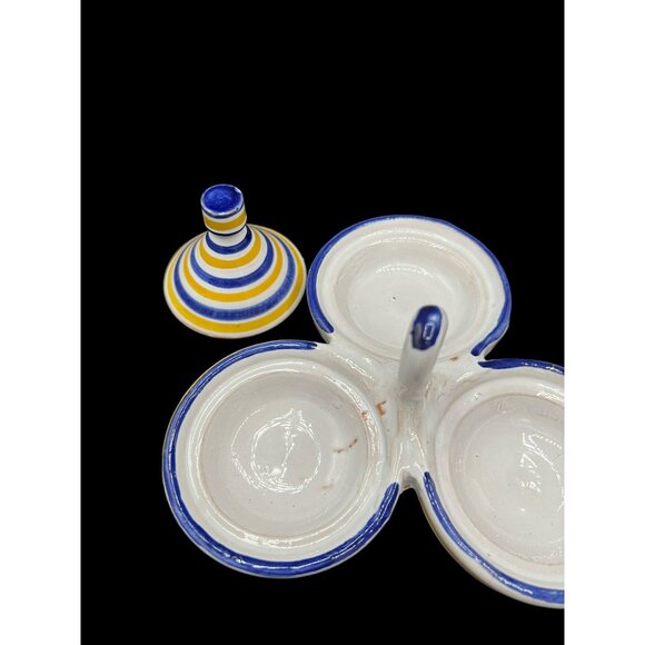 Moroccan Spice Tagine Trio Spice Holder Vintage Handmade Yellow and Blue Ceramic - Picture 5 of 8
